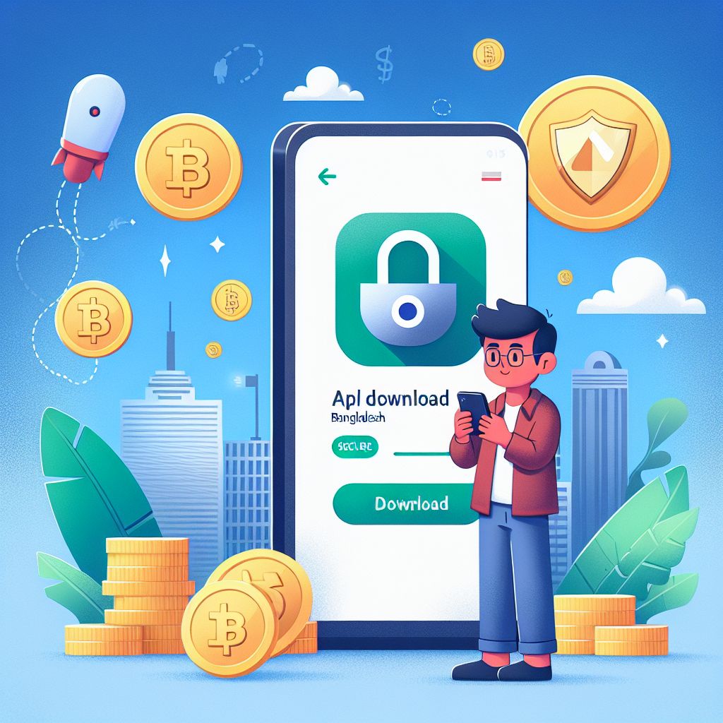 TK55 themed cartoon character holding a smartphone with app download screen and coins
