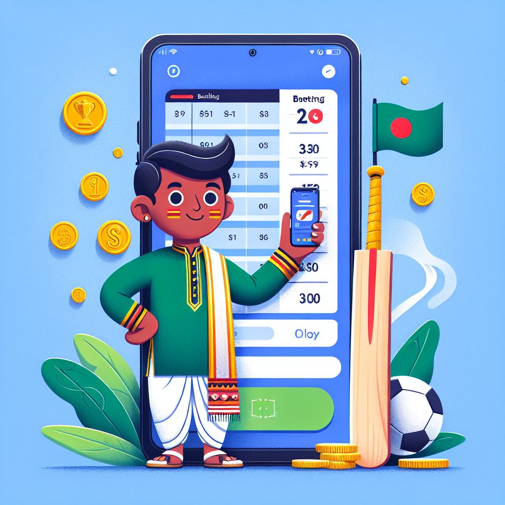 বাংলাদেশ-থিমযুক্ত পরিবেশে ফোন হাতে কার্টুন বেটার, ফোনে লাইভ অডস, ক্রিকেট ও ফুটবল আইকন এবং কয়েন