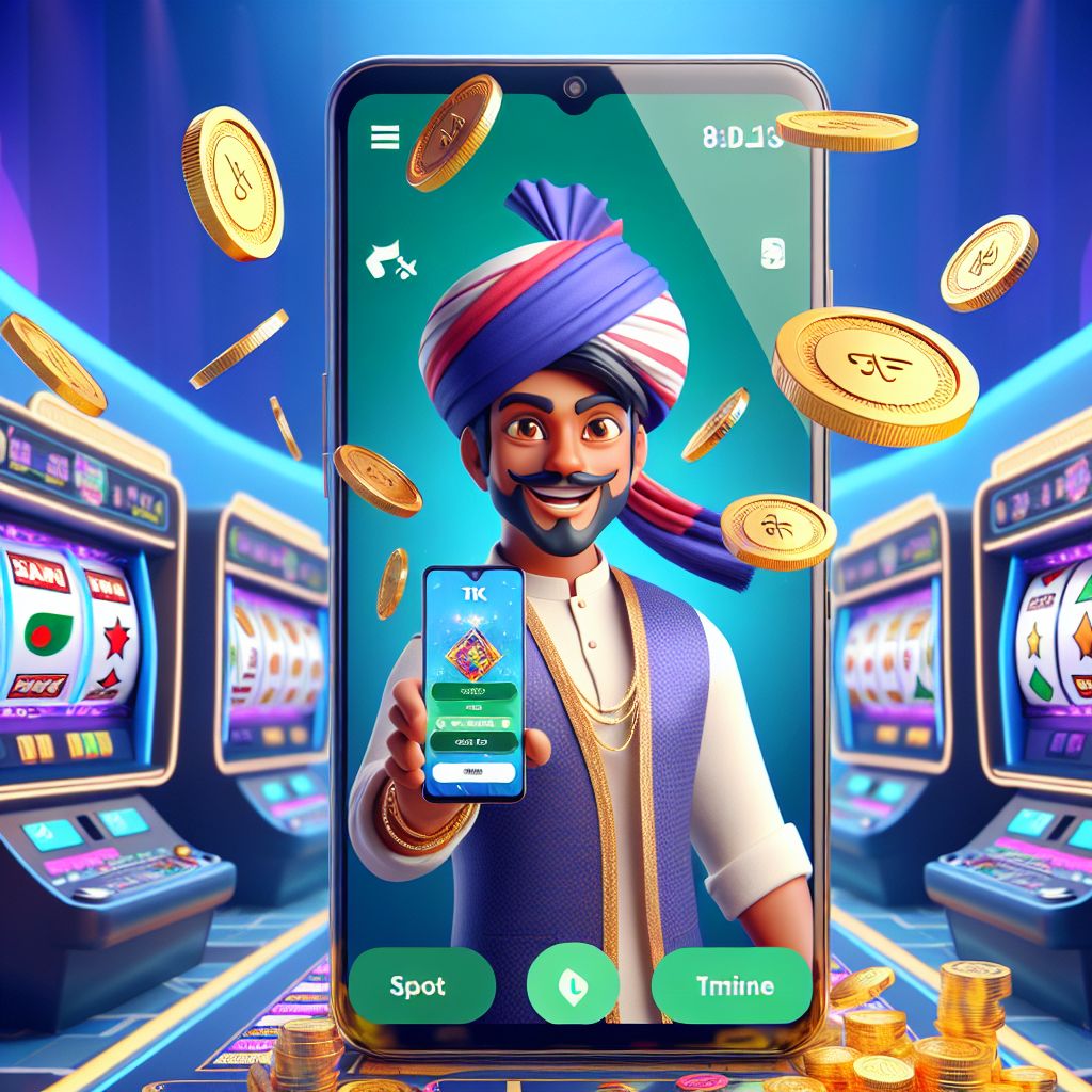 TK55 casino cartoon character with coins, slot reels, and live table vibe