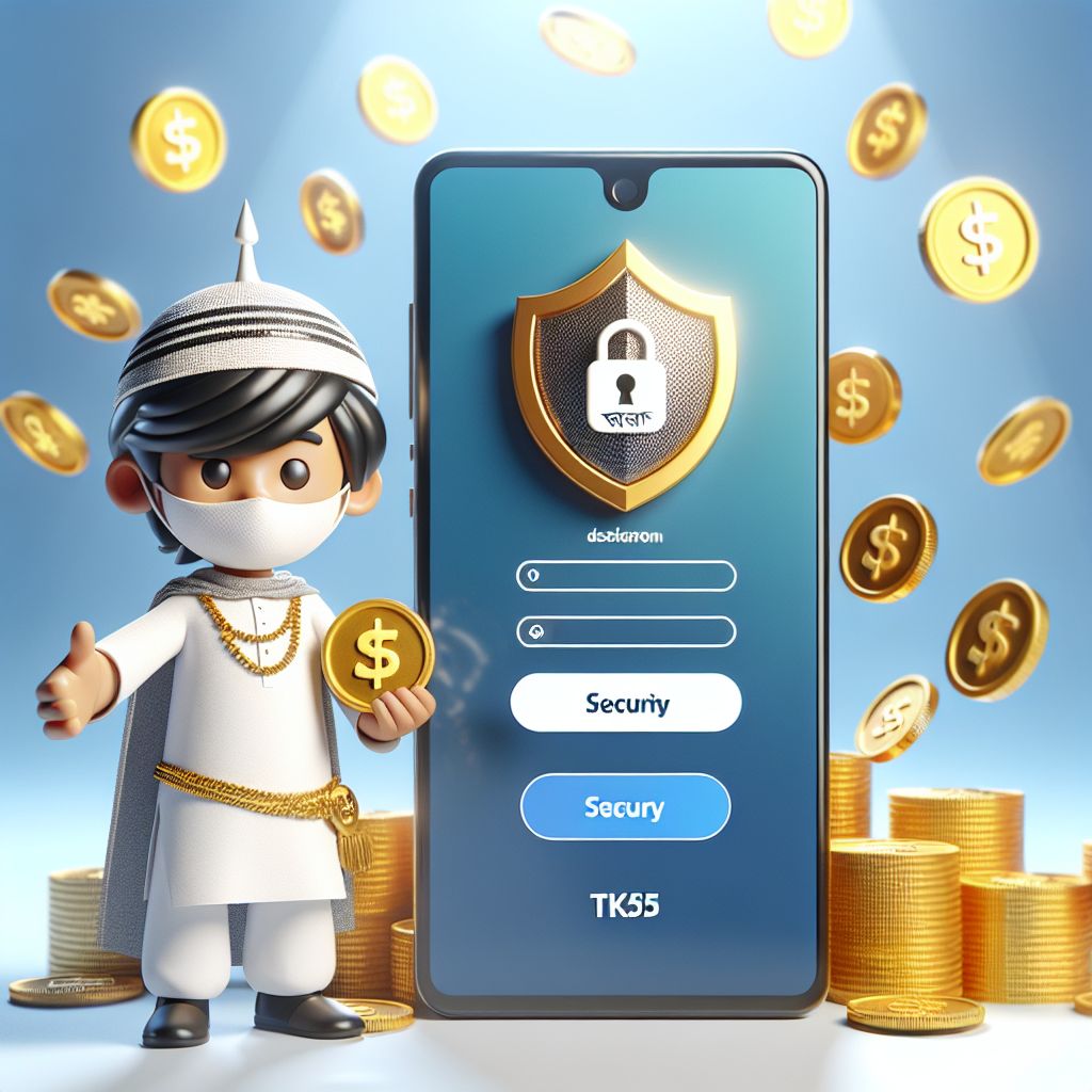 TK55 themed cartoon character holding a phone with a secure login screen and coins
